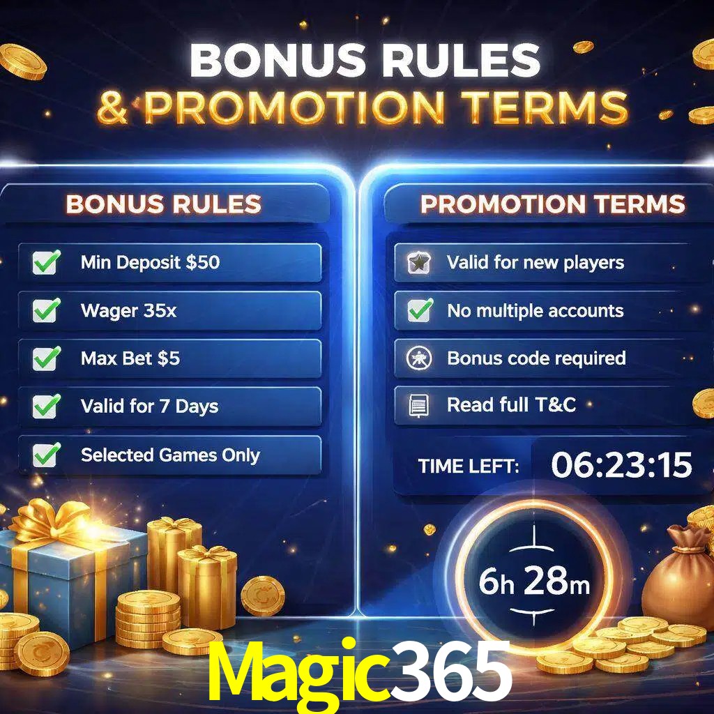 Reglas de promoción Magic365 y condiciones de bonos explicadas visualmente