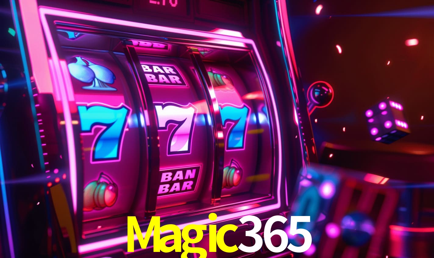 Escena dinámica inspirada en casino con iluminación Magic365, cartas, fichas e íconos de juegos digitales en un espacio moderno de juegos.