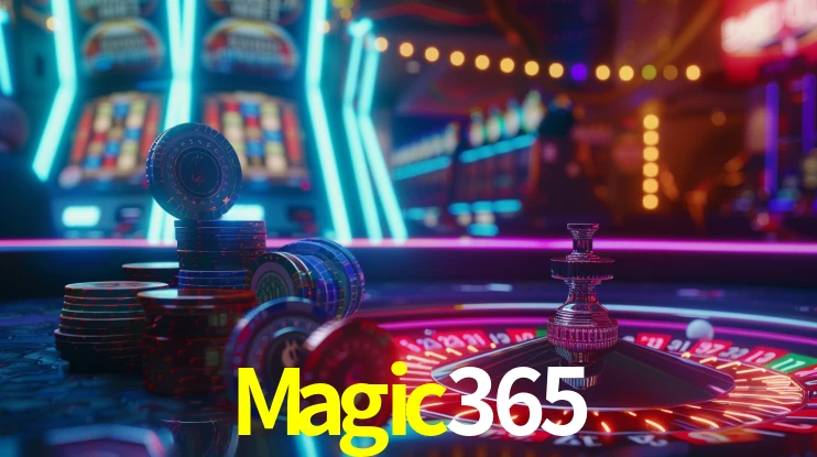 Una escena digital vívida inspirada en casino con Magic365 mostrado prominentemente, luces brillantes, fichas, cartas y acentos dorados.