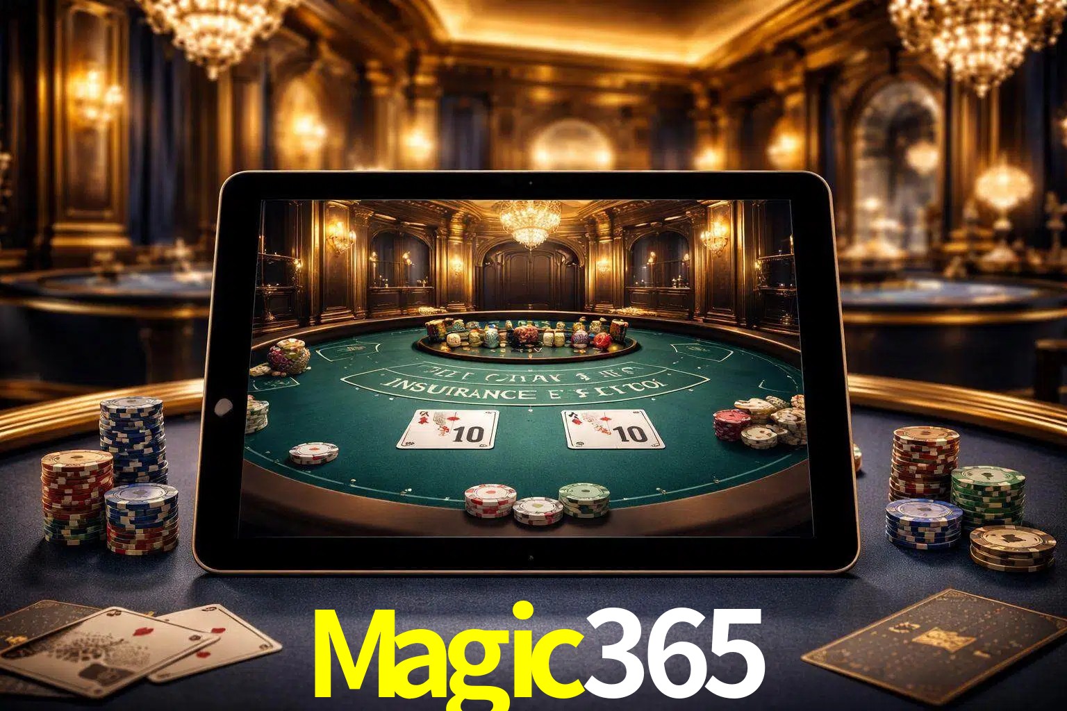 Configuración moderna de casino en vivo con una tableta mostrando una mesa de blackjack, luces cálidas de estudio y una atmósfera elegante de juegos digitales.