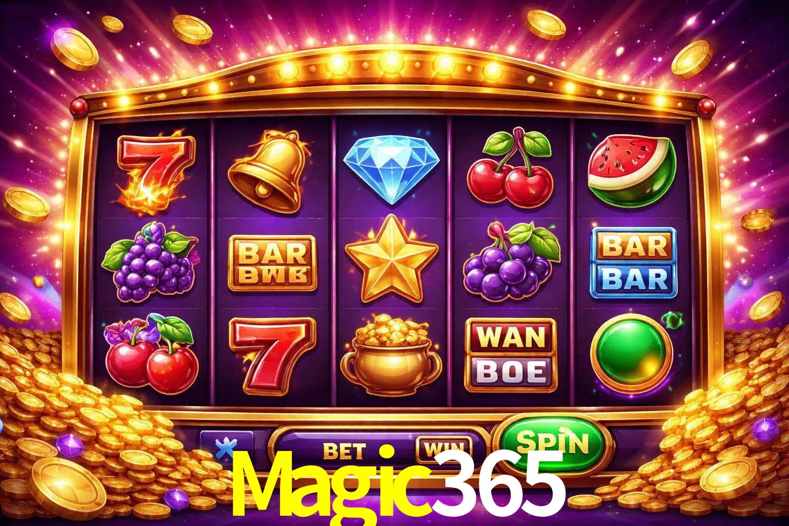 Una interfaz colorida de tragamonedas en línea con símbolos brillantes, monedas y un efecto de victoria celebratoria en Magic365.