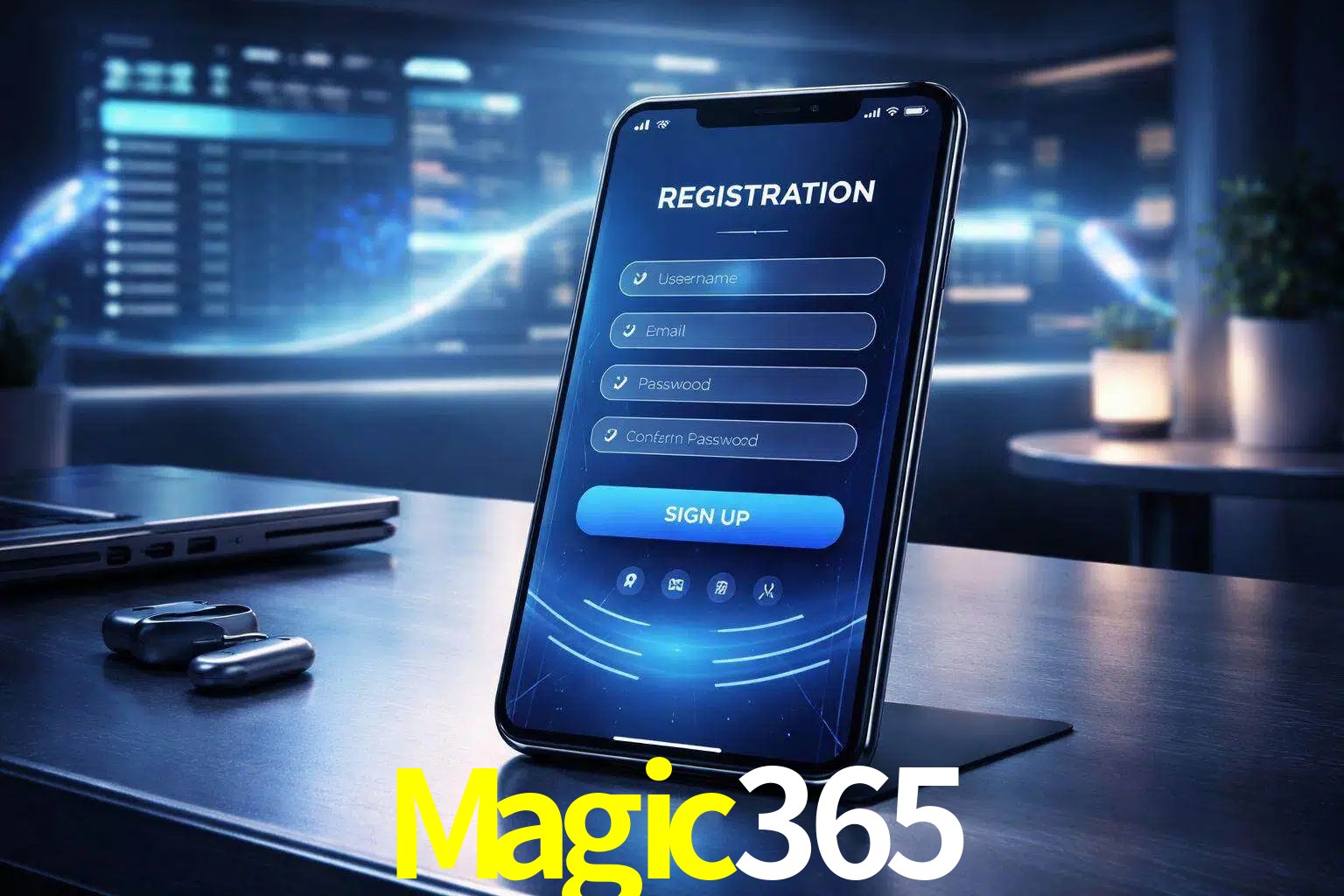 Una interfaz moderna de registro móvil para Magic365 mostrada en un smartphone con un panel de apuestas elegante.
